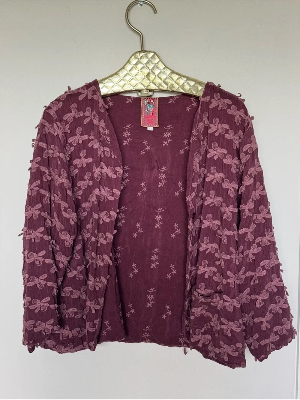 Johnny Was Burgundy Plissé Mesh Embroidered Maxi Dress & Matching Jacket Set S/L